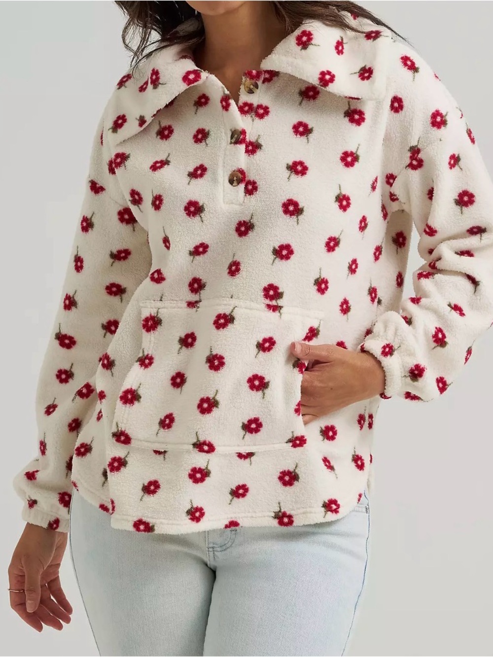 Lee Whisper White Sherpa Pullover Hoodie with Red Floral Print